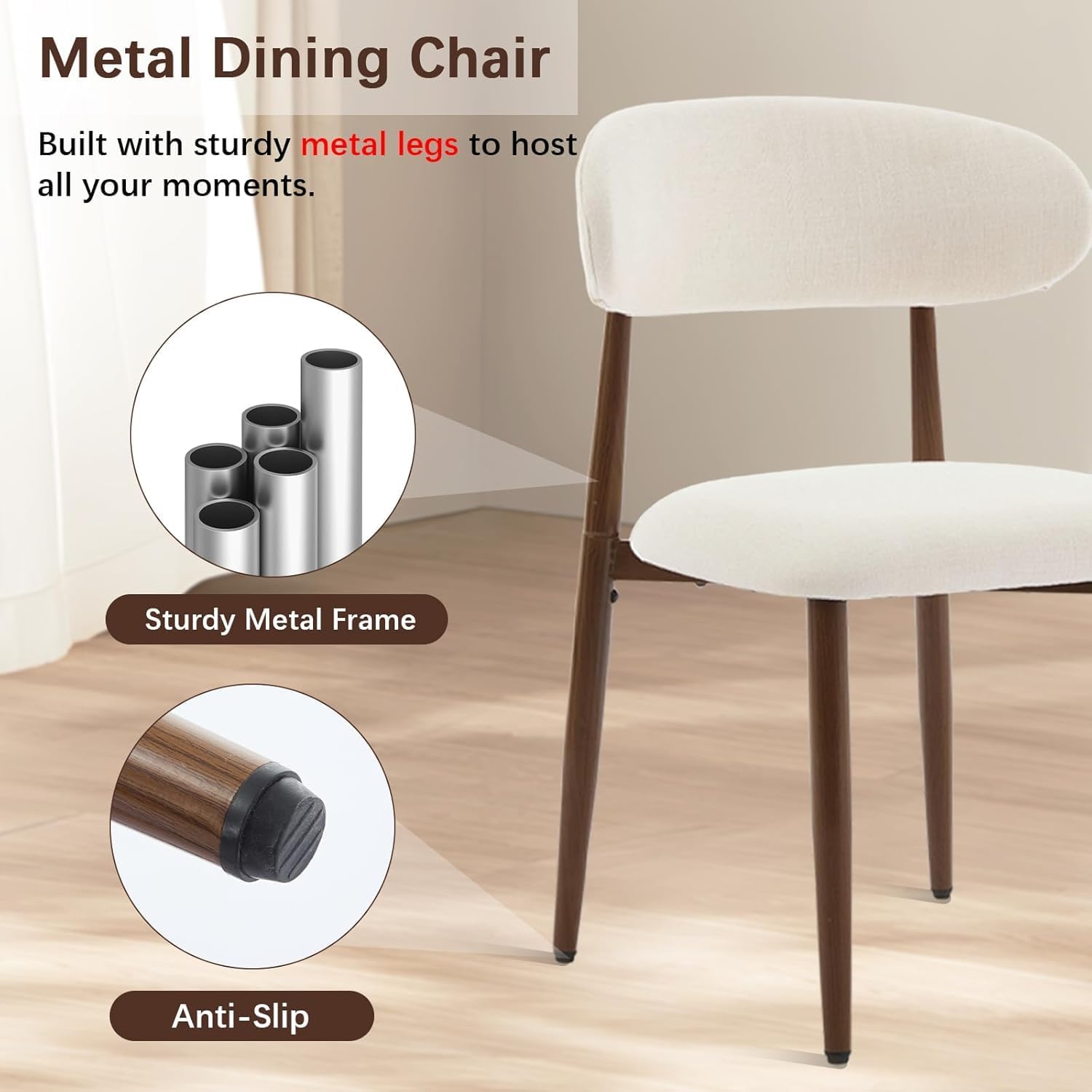 AQO Dining Chairs Set of 4, Modern Dining Room Chairs Kitchen Chairs with Metal Legs, Farmhouse Fabric Dinner Chair for Kitchen Dining Room, Beige/Walnut-Grain Metal Legs