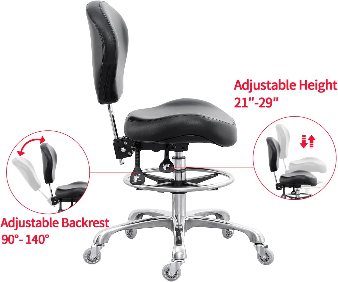 Grace&Grace Drafting Chair Adjustable Tall Shop Stool, Rolling Stool with Back Support for Studio, Classroom, Lab, Counter, Medical (Black)