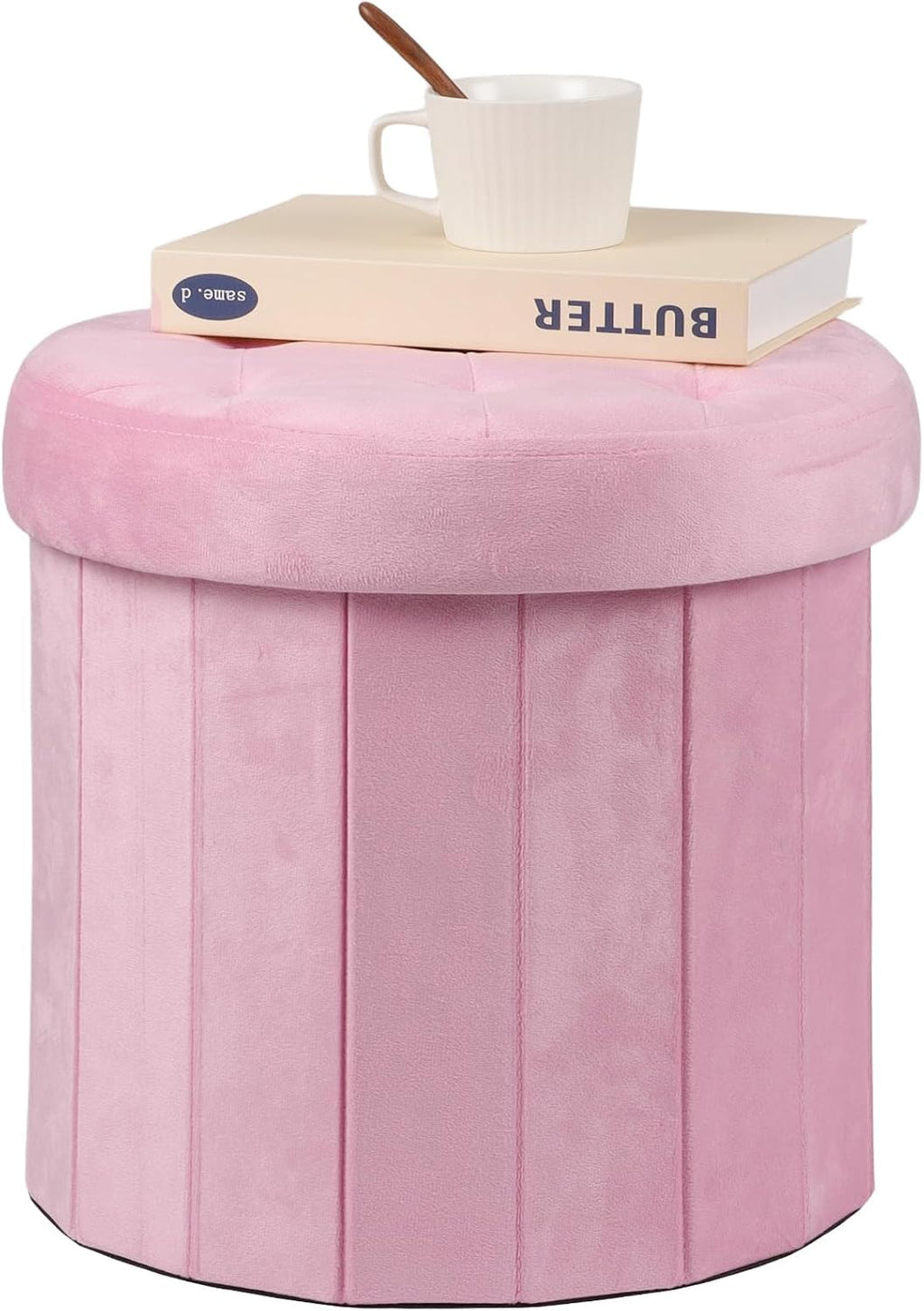 AmasSmile Storage Ottoman Folding Foot Rest Stool, 14x14x13 inch Small Leather Footstool Bench, Short Ottoman Bench, Storage Foot Rest Store, Blanket Chest, Rose Pink