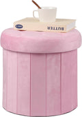 AmasSmile Storage Ottoman Folding Foot Rest Stool, 14x14x13 inch Small Leather Footstool Bench, Short Ottoman Bench, Storage Foot Rest Store, Blanket Chest, Rose Pink