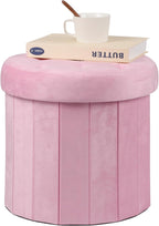 AmasSmile Storage Ottoman Folding Foot Rest Stool, 14x14x13 inch Small Leather Footstool Bench, Short Ottoman Bench, Storage Foot Rest Store, Blanket Chest, Rose Pink