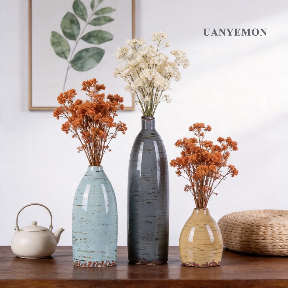 Ceramic Vase Set of 3 - Modern Coastal Rustic Home Decor Flower Vases for Living Room, Kitchen Island, Dining Table Centerpiece Decor, Office Shelf, Fireplace Mantle Decorations (Multicolor Mix)