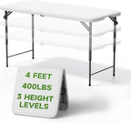 Folding Table 4 Foot - 3-Position Adjustable Height, Heavy Duty 400 lbs Capacity - Portable Tables Folding for Camping, Party, Indoor & Outdoor Use, 1 Pack