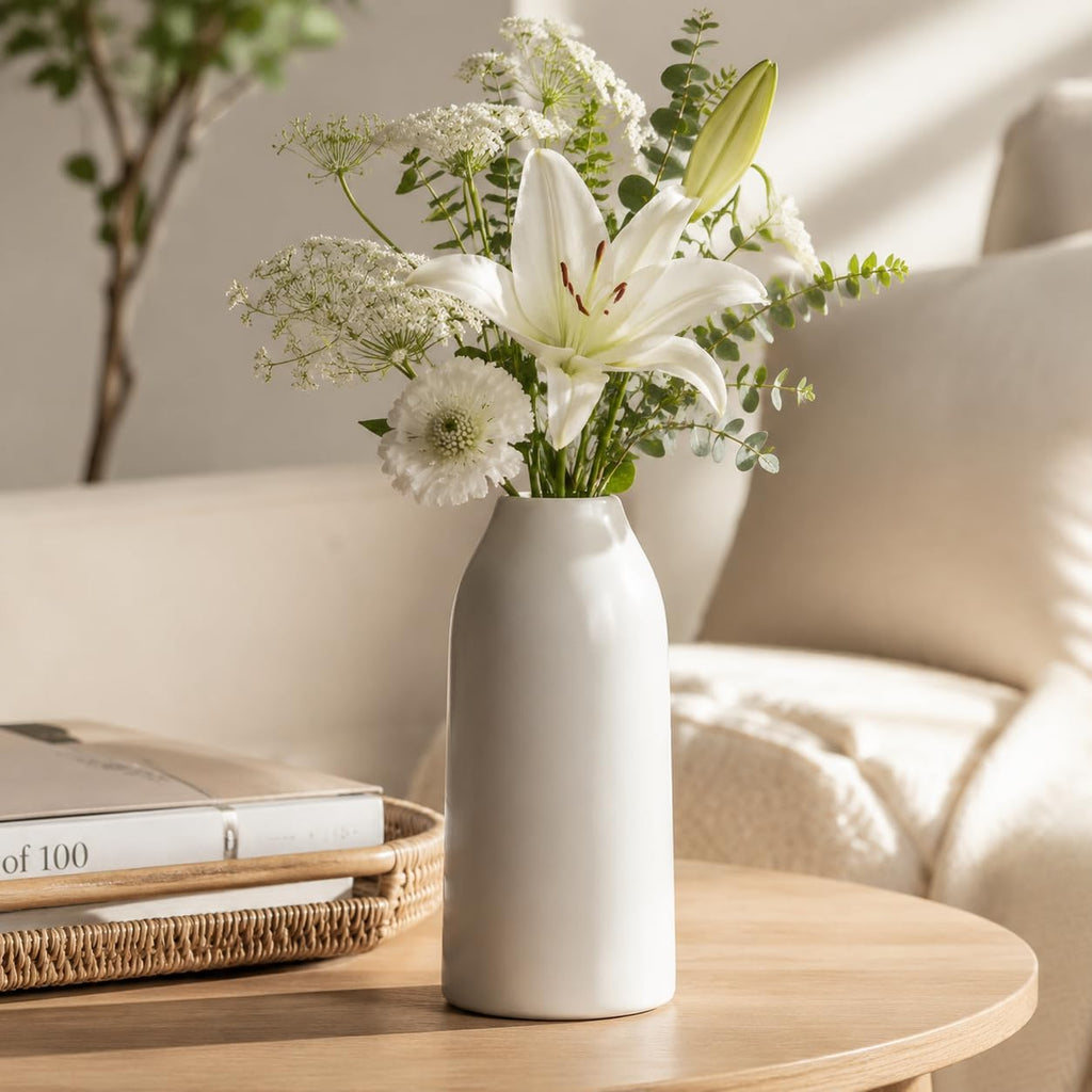 hjn 12 Inch White Ceramic Vase for Flowers, Matte Tall Modern Vase for Decor Minimalist Flower Vase for Home Decor Living Room Tabletop Centerpiece