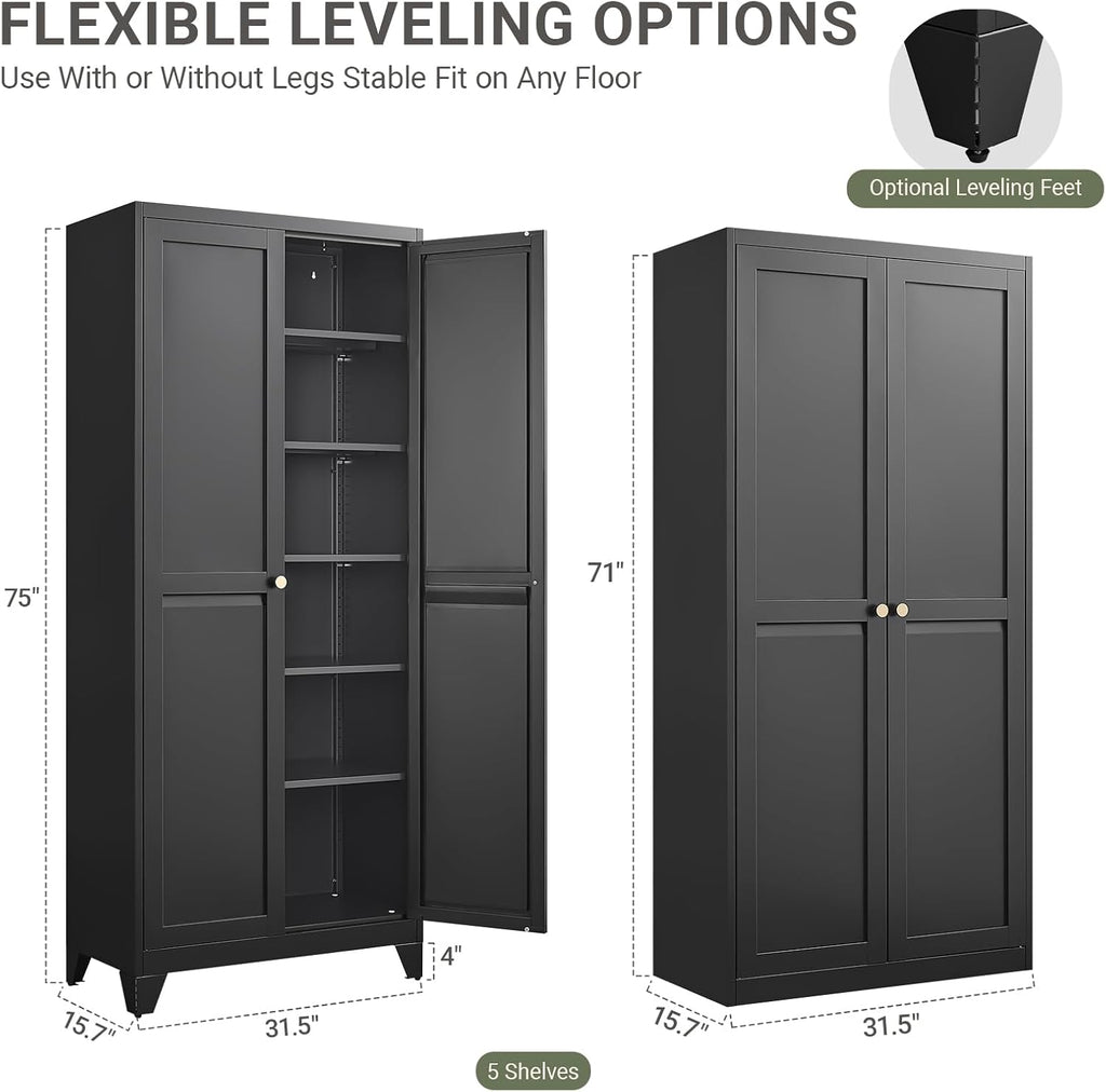 75" Metal Kitchen Storage Cabinet with Doors, Freestanding Steel Pantry Cabinet, 5 Adjustable Shelves, for Dining Room, Black