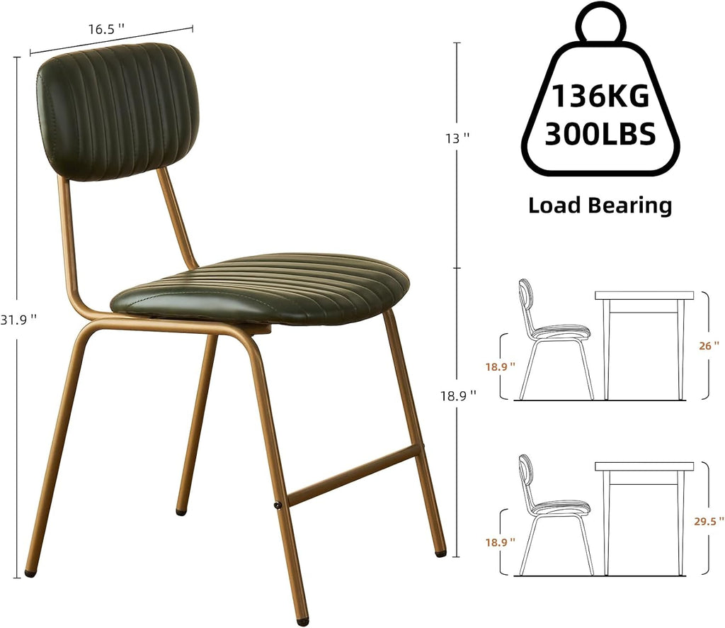 Mid Century Modern Dining Chairs Set of 2, Retro Chair with Faux Leather Upholstered Seat & Vintage Distressing Metal Legs & Leg Protectors for Kitchen Dining Room (Dark Green,Assemble)