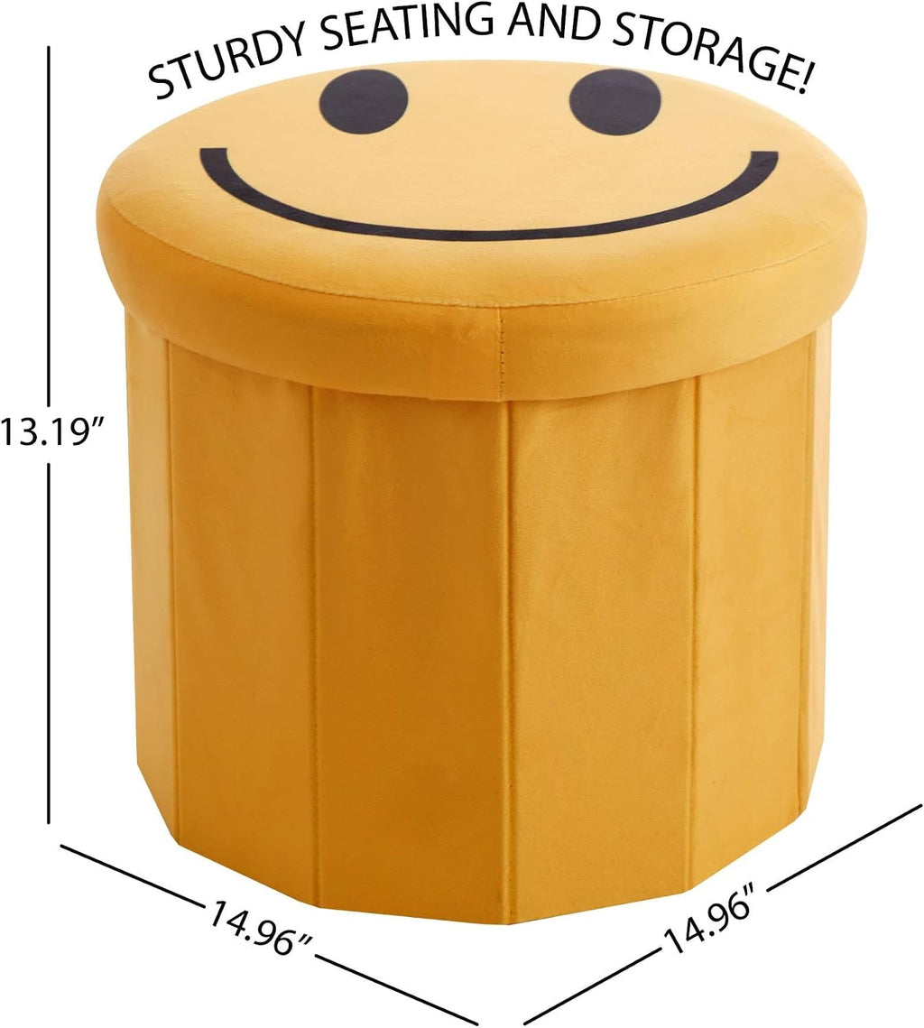 Heritage Kids Smiley Face Storage Ottoman,Collapsible Round Storage Stool with Lid, Soft Padded Seat, Fun Emoji Design for Kids Room, Bedroom, or Living Room,Yellow
