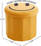 Heritage Kids Smiley Face Storage Ottoman,Collapsible Round Storage Stool with Lid, Soft Padded Seat, Fun Emoji Design for Kids Room, Bedroom, or Living Room,Yellow