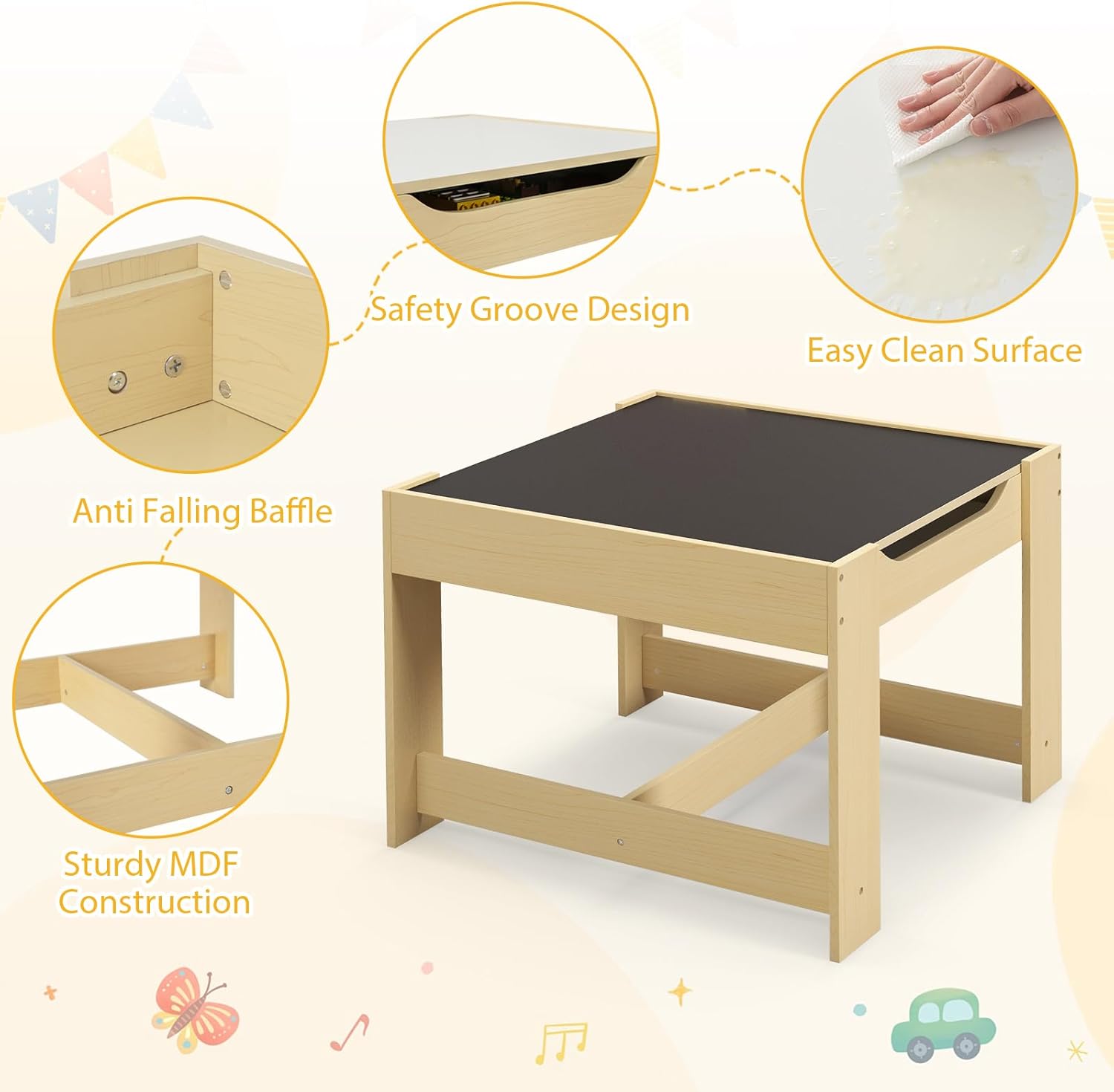 Costzon Kids Table and Chairs, Multifunctional Wooden Toddler Activity Desk Set w/Reversible Tabletop, Storage Drawers and Bookshelves for Drawing, Reading, Crafts, Toddler Table and Chair Set