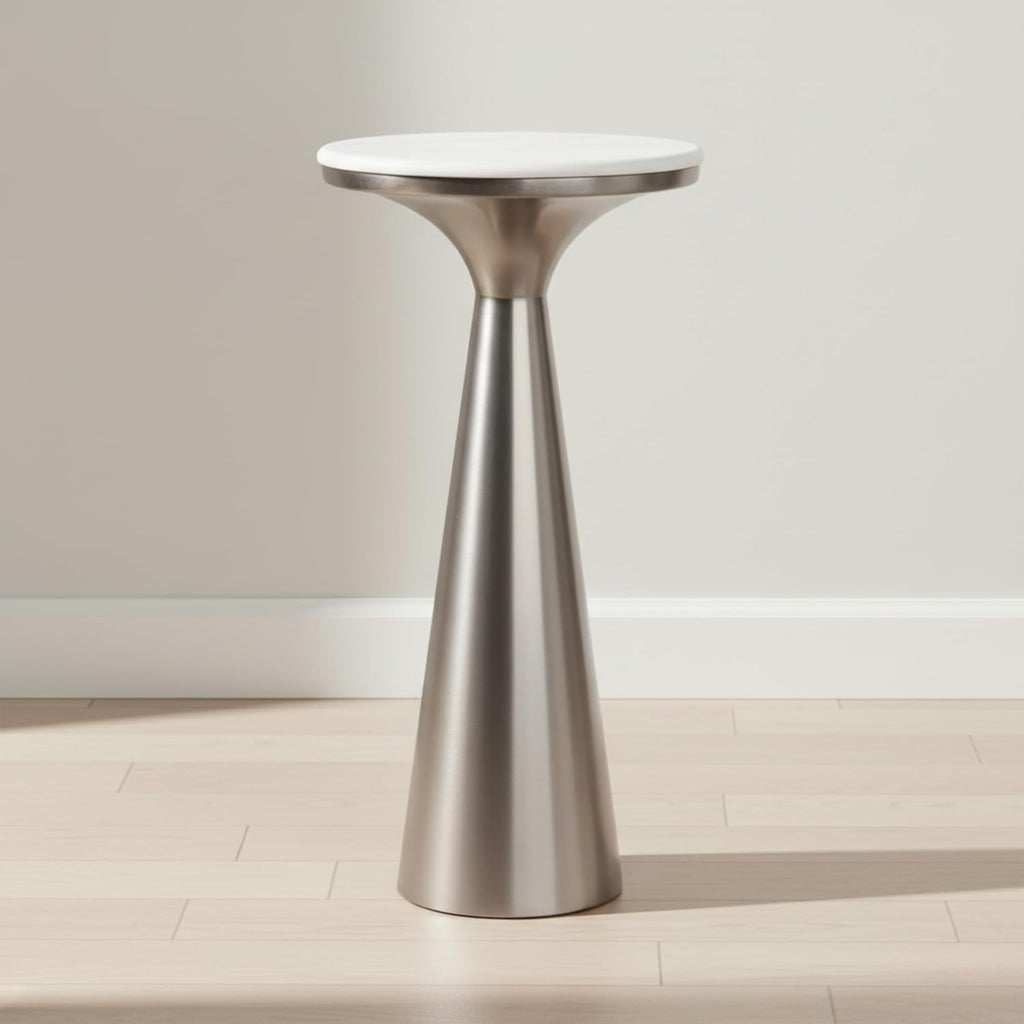 Metal Accent Table with Marble Top - Modern Round Side Table for Living Room and Bedroom - Tapered Base - Indoor Use Only - Marble and Metal Home Decor - Living Room Accent – 22", Silver