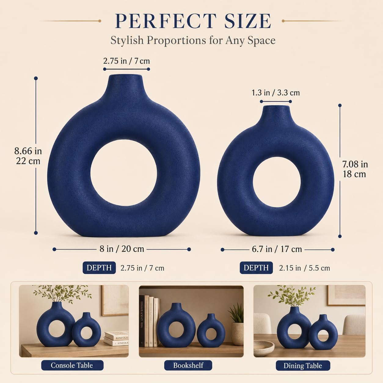 Navy Blue Ceramics Vase for Home Decor,Minimalist Nordic Hollow Donut Vase Set of 2,Modern Navy Blue Decor for Kitchen Table Centerpiece,Living Room,Fire Place,Bookshelf,Office,Entryway,Console