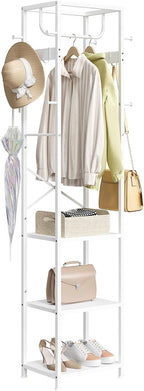 ELYKEN Coat Rack Freestanding, Hall Tree with 3 Shelves and 12 Hooks, White | Industrial Metal Frame, Space-Saving Design, Clothes Rack Stand Organizer for Bedroom, Hallway, Entryway, Office, Living Room