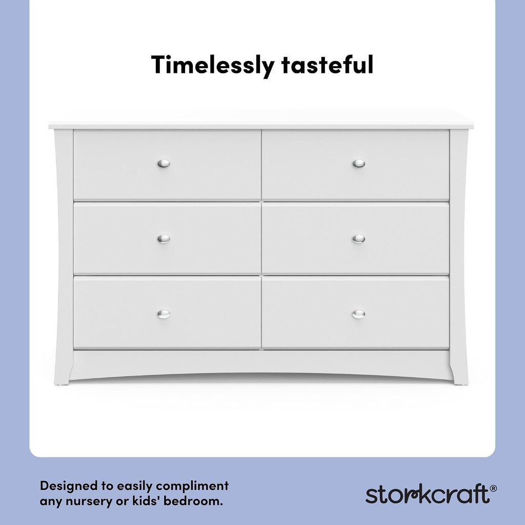 Storkcraft Crescent 6-Drawer Dresser, White | GREENGUARD Gold Certified, White Dresser for Bedroom, Kids & Nursery Storage Chest, Safety Interlocking Drawers, Kids Bedroom