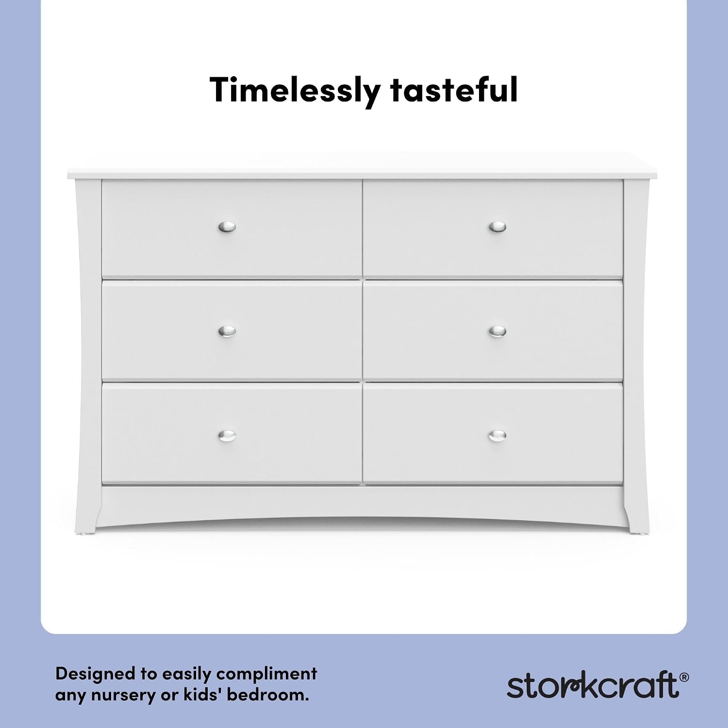Storkcraft Crescent 6-Drawer Dresser, White | GREENGUARD Gold Certified, White Dresser for Bedroom, Kids & Nursery Storage Chest, Safety Interlocking Drawers, Kids Bedroom