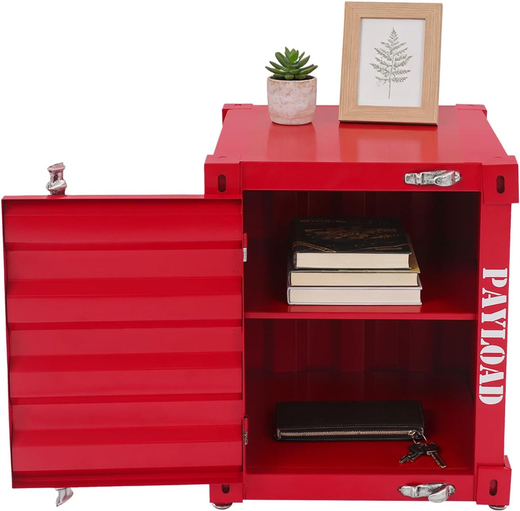 Industrial Metal Nightstand, Red Container Side Table with Locker Industrial Style End Table Metal Bedside Tables Nightstand for Living Rooms, Bedrooms and School Dormitories