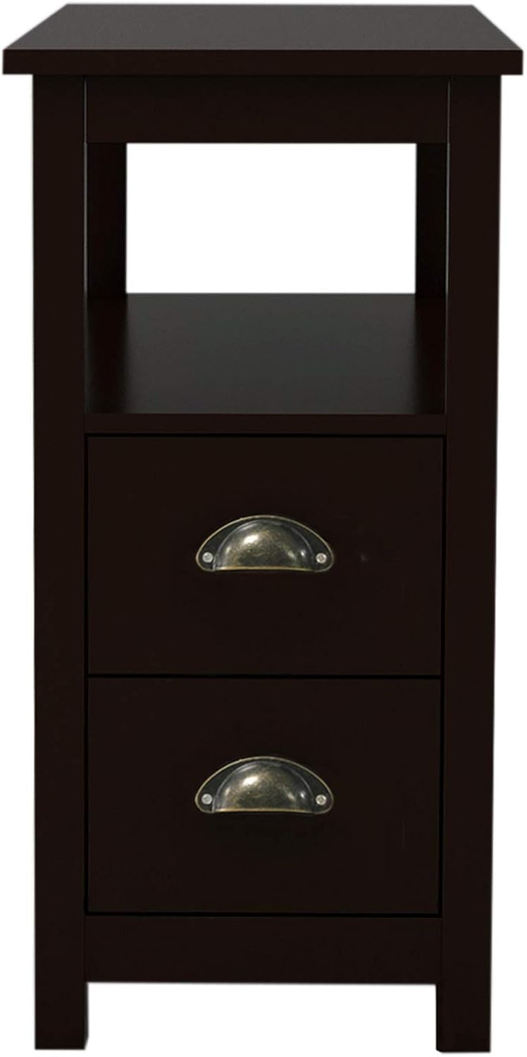 Espresso Narrow Side Table with 2 Drawers & Open Storage Shelf, Wooden Slim End Table with Metal Pull Handles, Sofa Side Cabinet for Living Room, Bedroom & Small Spaces