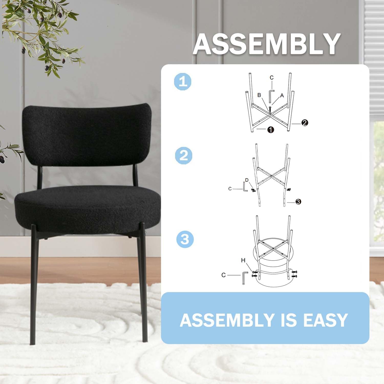 2.7" Black Dining Chairs Set of 6, Boucle Dining Chair with Curved Backrest & Metal Legs, Kitchen Chairs with Adjustable Non-Slip Foot Pads, Mid Century Dining Chair for Living Room