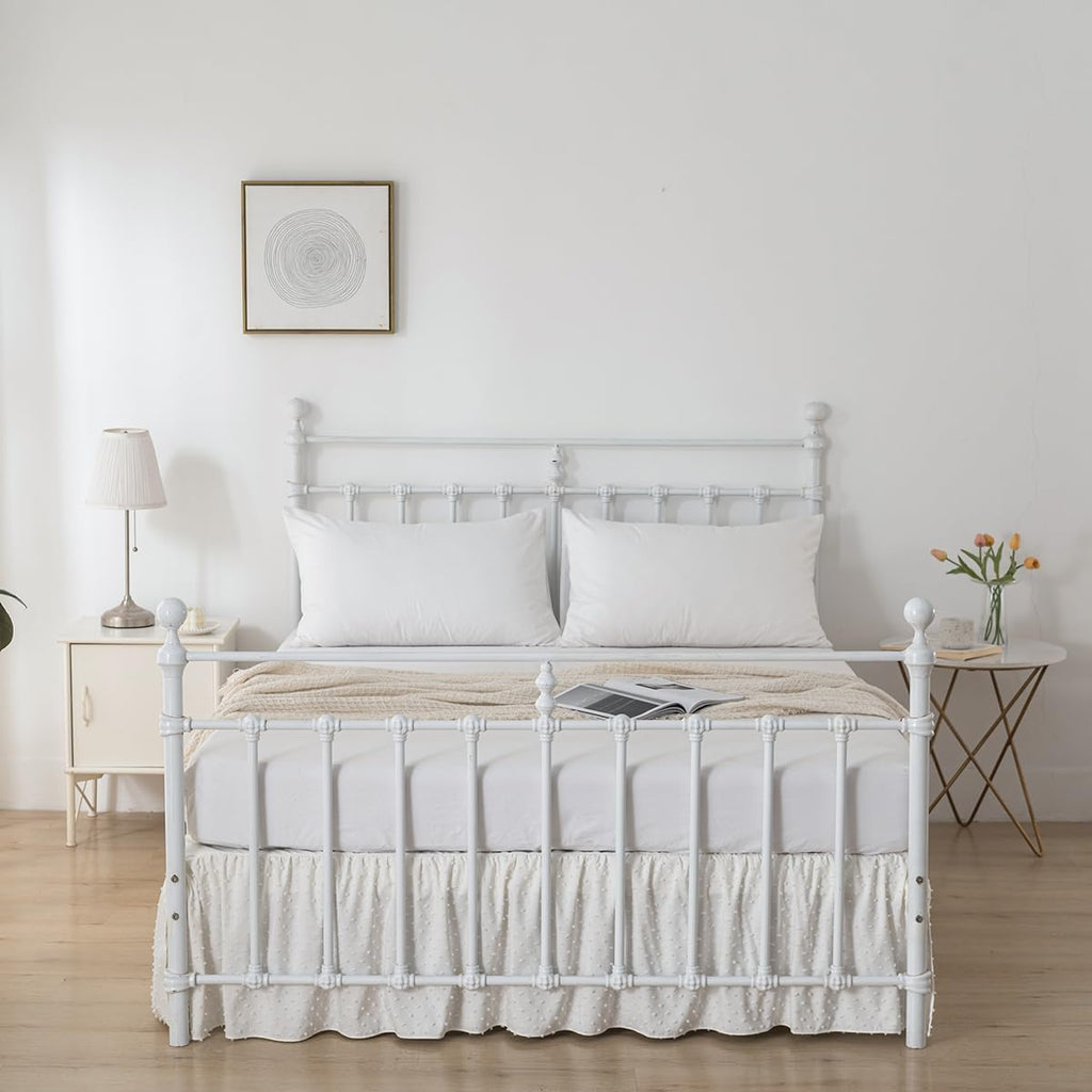 Tufted Dot Bed Skirt Queen Size Ruffled Bed Skirt with Split Corners, 14 Inch Drop Dust Ruffle Bed Skirts with Platform, Ivory