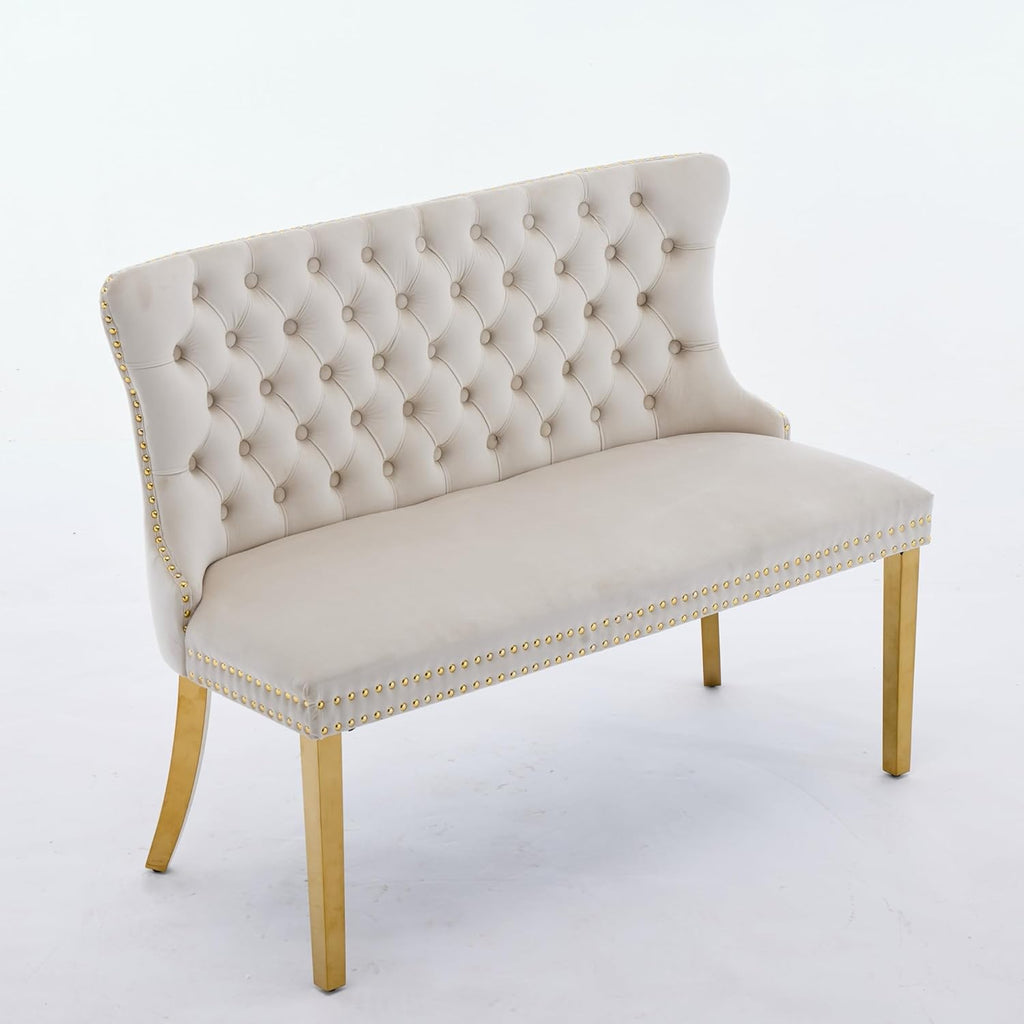 Velvet Double Dining Loveseat Bench with Wing Back, Tufted Upholstered 2-Seat Design,Golden Stainless Steel Legs, Modern Mid-Century Accent Seating for Dining Room, Kitchen, or Entryway (Beige)
