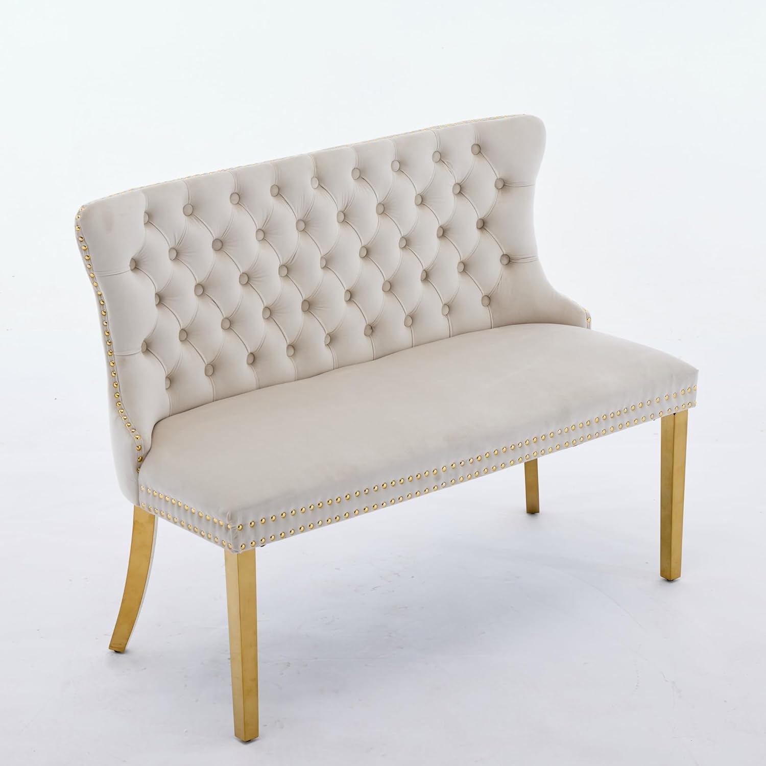 Velvet Double Dining Loveseat Bench with Wing Back, Tufted Upholstered 2-Seat Design,Golden Stainless Steel Legs, Modern Mid-Century Accent Seating for Dining Room, Kitchen, or Entryway (Beige)