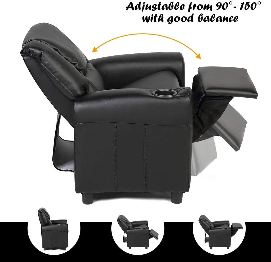ARLIME Kids Recliner Chair, Toddler Armchair Upholstered Couch with Cup Holder, Backrest, Baby Leather Sofa with Headrest and Footrest, Child Furniture for Ages 2-7 (Black)