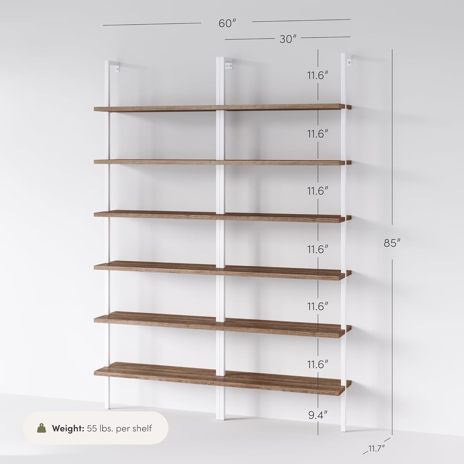 Nathan James Theo 6-Shelf Tall Bookcase, Wall Mount Bookshelf with Natural Wood Finish and Industrial Metal Frame, Rustic Oak/White, Set of 2