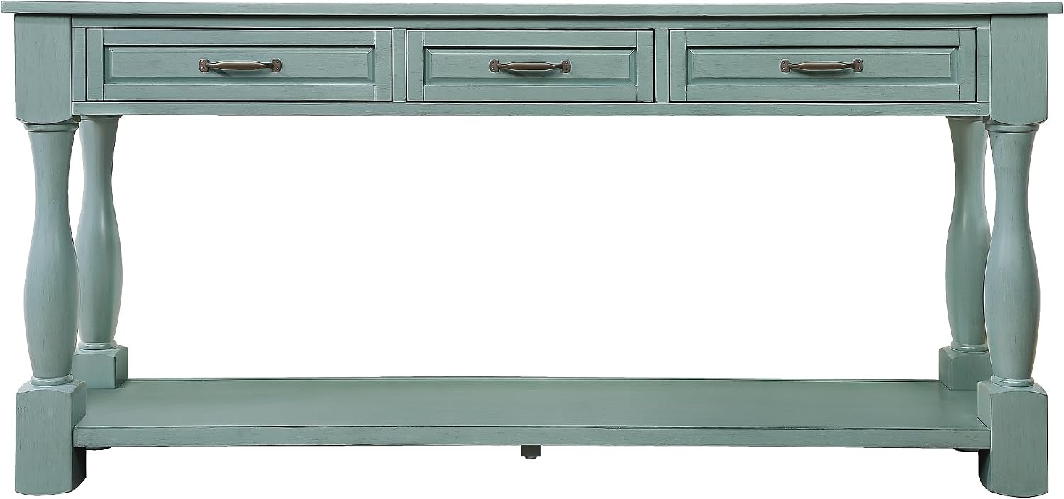 Merax Retro Console Table with 4 Drawers for Entryway, Sofa Table with Open Storage Shelf, Wood Side Table with Thick Legs for Living Room Bedroom, Retro Blue