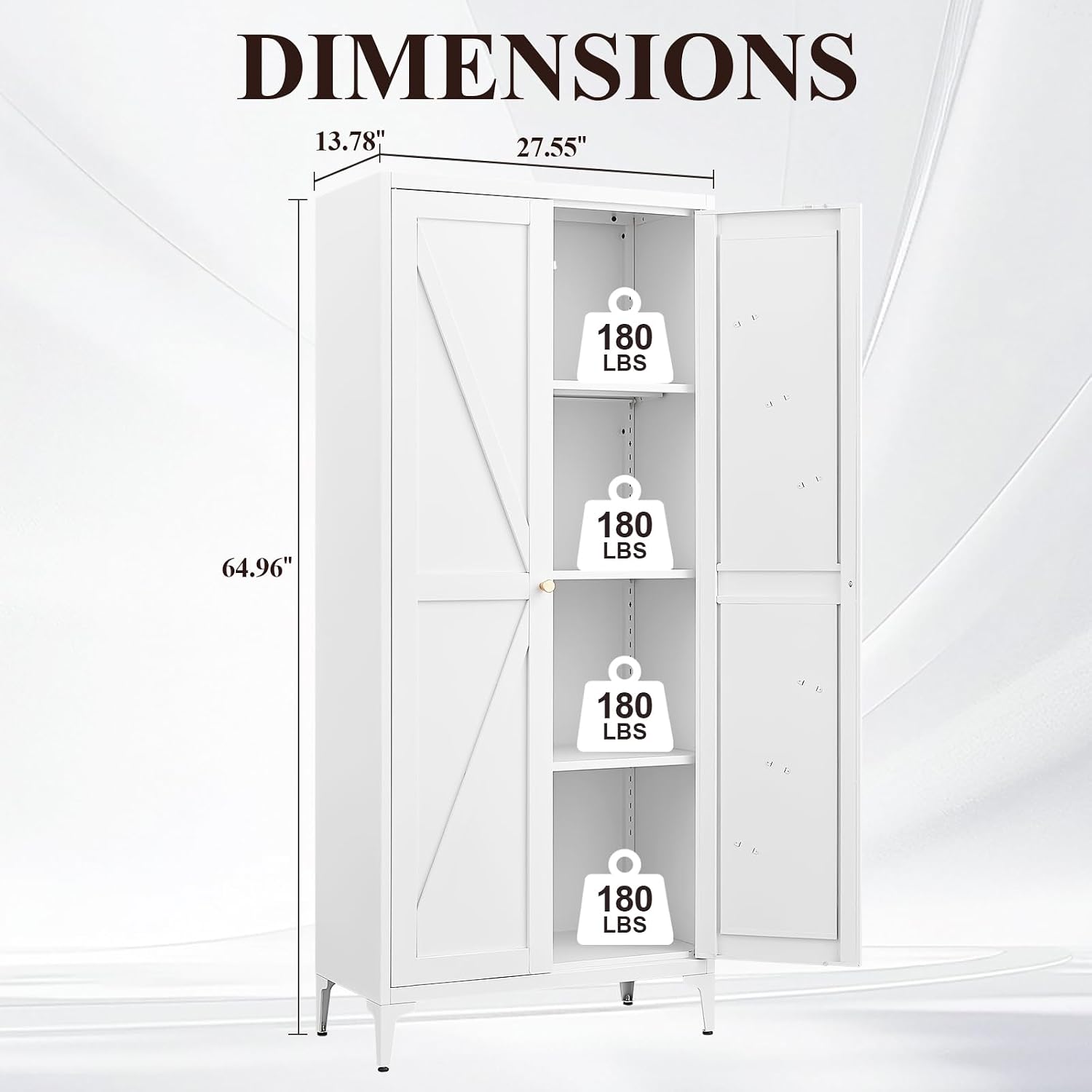 Metal 2 Doors Kitchen Pantry Cabinet with Adjustable Shelves 65 inch Tall Large Steel Cabinet Locker Utility Kitchen Cupboard for Living Room, Dining Room and Office (White)
