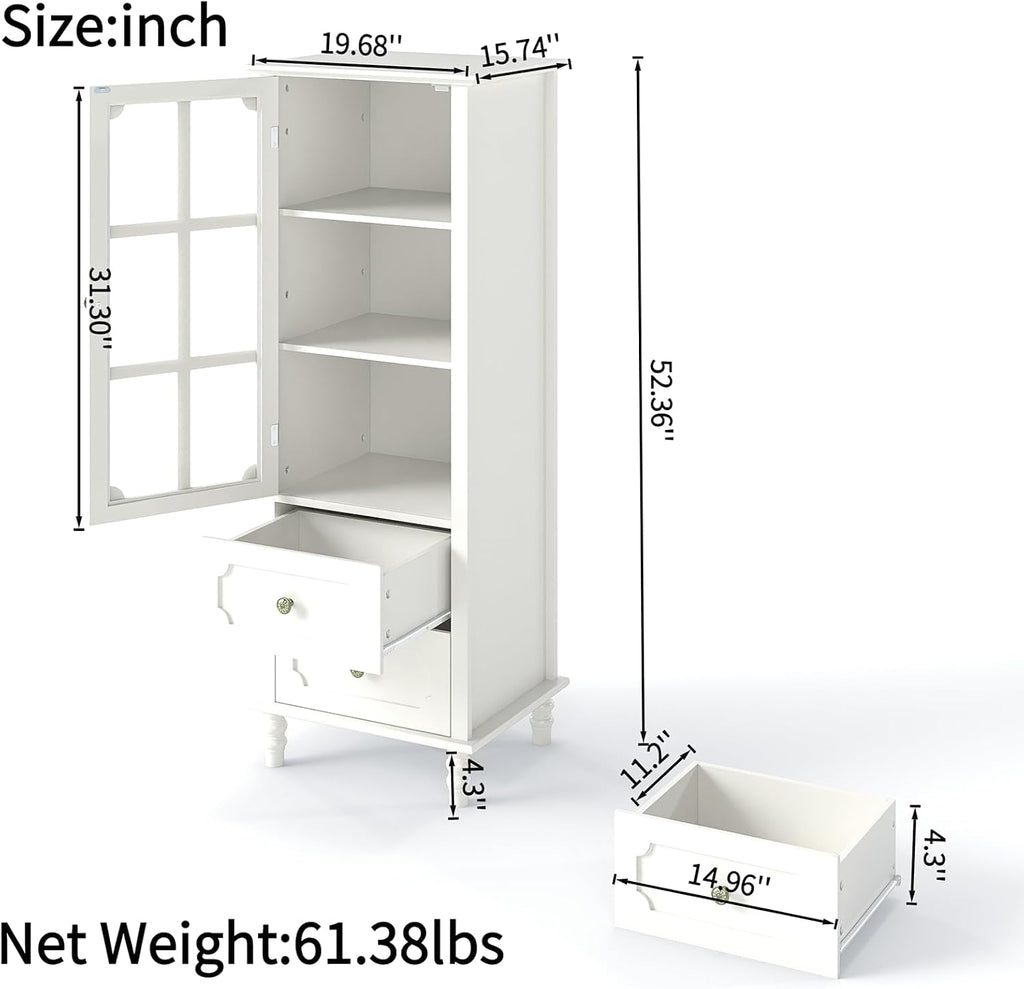 Tall Narrow Sideboard Buffet Cabinet with Storage, 52" Kitchen Pantry Storage Cabinet with 2 Glass Doors and 2 Drawer, Coffee Bar Unit Display Hutch (Creamy White)