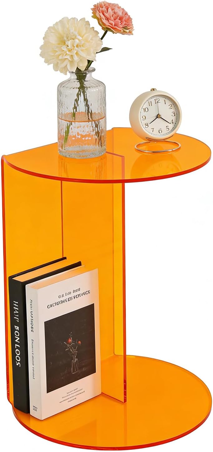 Side Table, Acrylic End Table with Storage Shelf, Floorstanding Nightstand with Sturdy Base for Small Space, Bedside Table, Console Table for Bedroom, Living Room, Office(Orange)