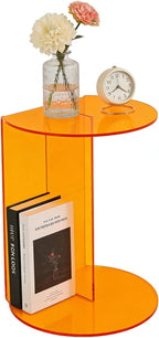 Side Table, Acrylic End Table with Storage Shelf, Floorstanding Nightstand with Sturdy Base for Small Space, Bedside Table, Console Table for Bedroom, Living Room, Office(Orange)