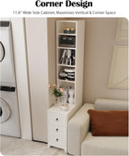 Kavie Wood Narrow Tall End Tables, Nightstand with Open Shelf & 3 Drawers, Adjustable Storage Bookcase for Living Room, Bedroom Corner (White,11.8" L*23.6" W*70.8" H)