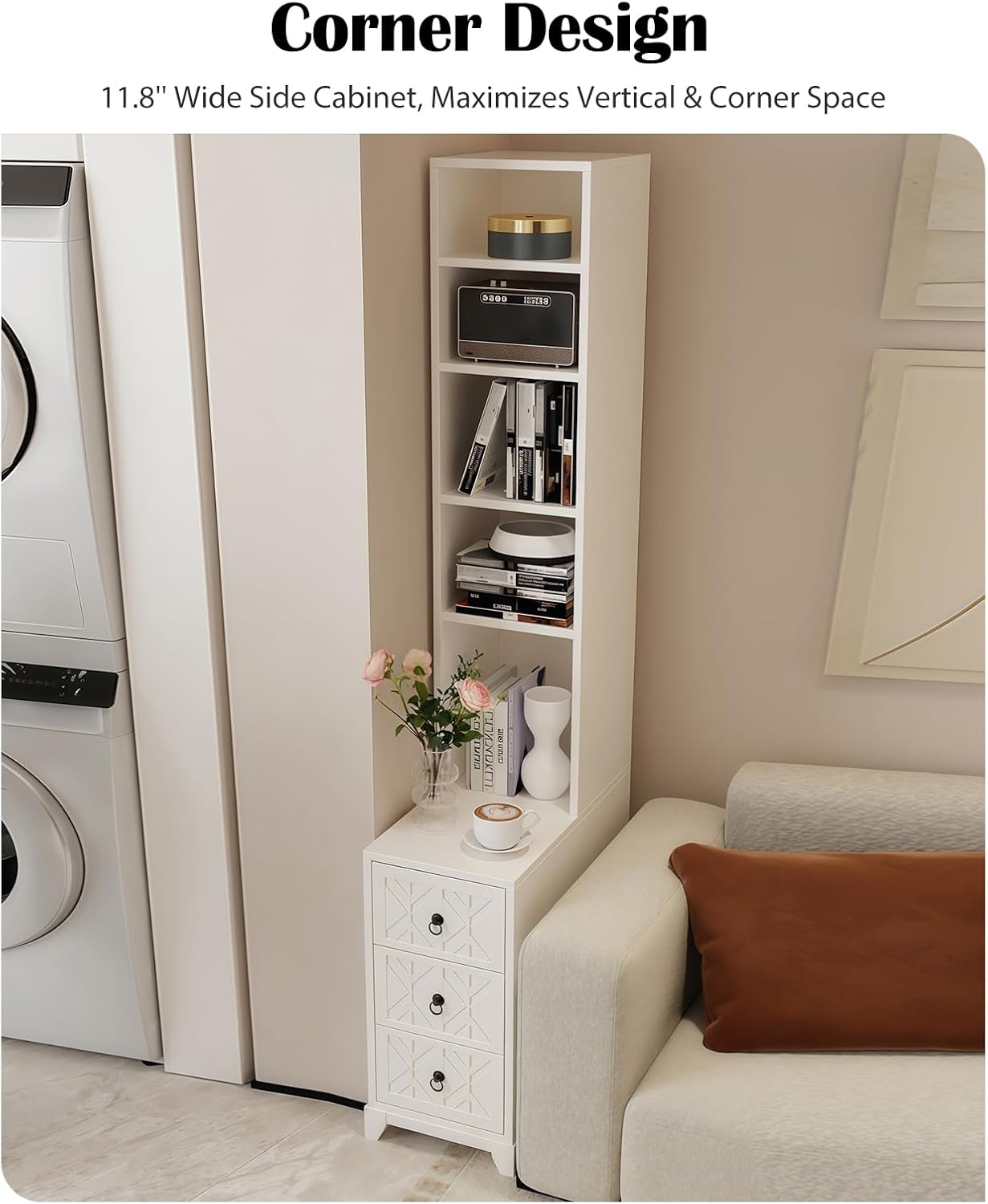 Kavie Wood Narrow Tall End Tables, Nightstand with Open Shelf & 3 Drawers, Adjustable Storage Bookcase for Living Room, Bedroom Corner (White,11.8" L*23.6" W*70.8" H)