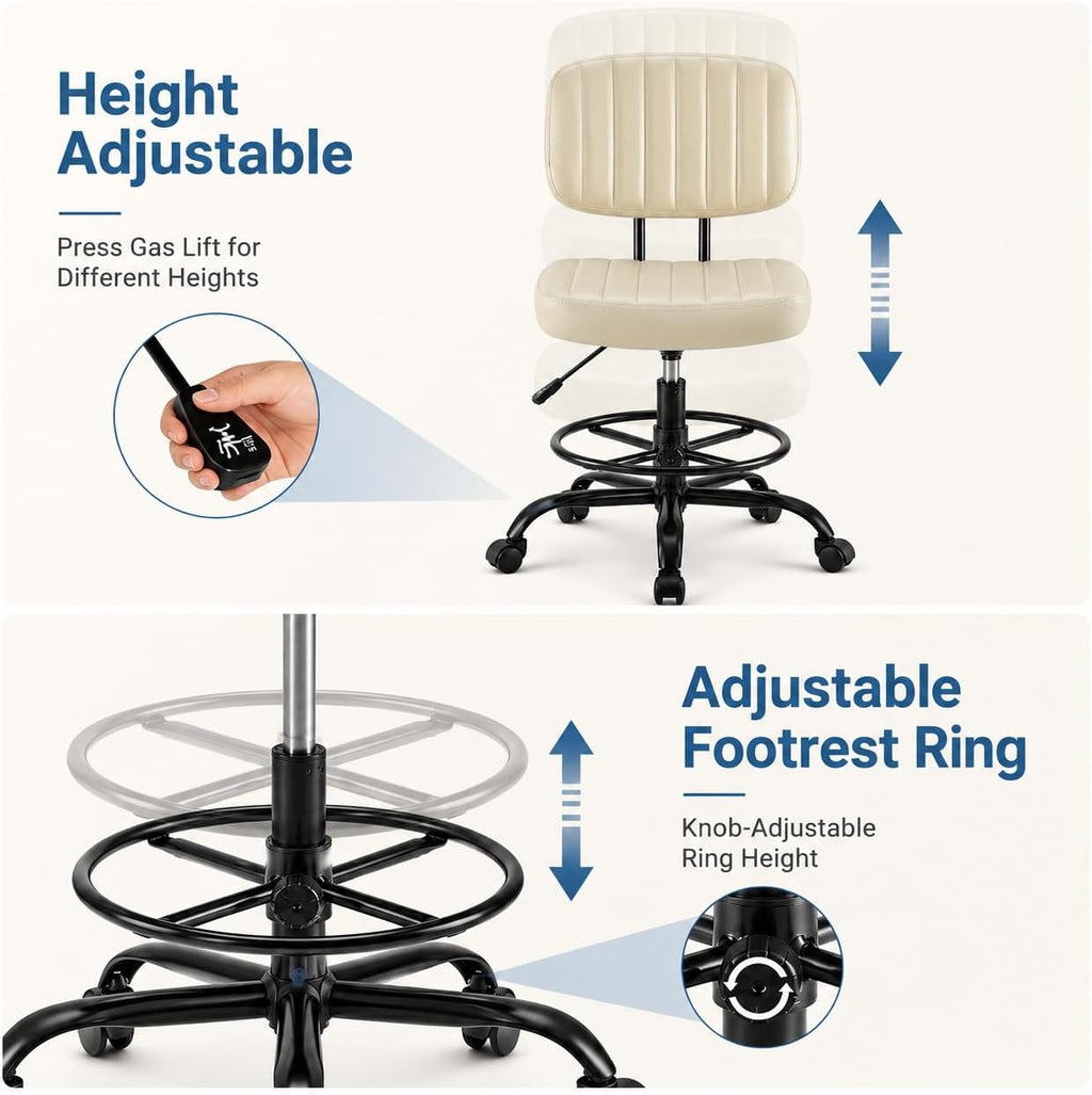 Simple Deluxe Armless Drafting Chair, Low Back PU Leather Office Seat with Footrest Ring, Swivel Rolling Stool for Standing Desk, Studio, Lab, Counter and Small Spaces, Beige