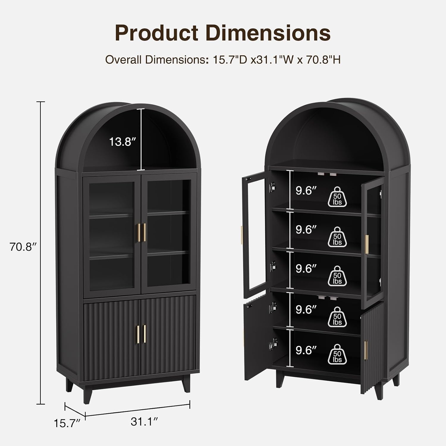 FiveWillowise Kitchen Pantry Cabinet with Glass Doors - Arched Design, Solid Wood Legs, Artistic Fluted Door, Adjustable Shelves, 70.8" Curved Storage Cabinet for Kitchen, Dining Room