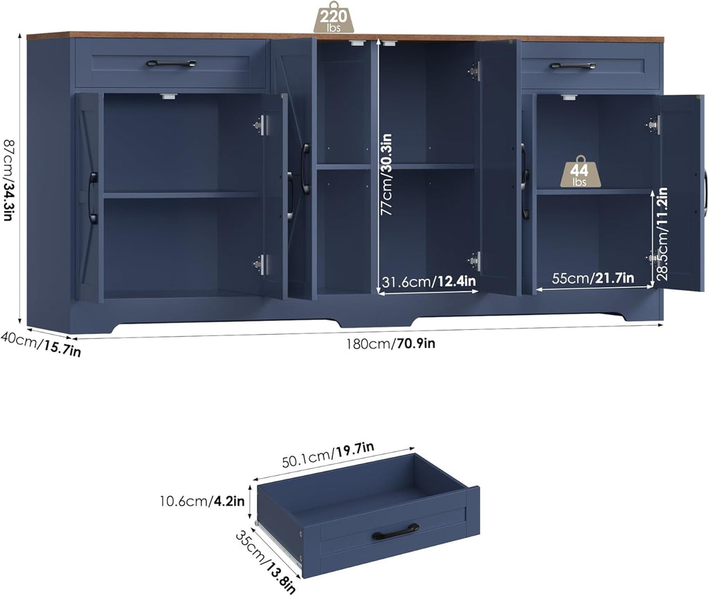 71” Large Sideboard Buffet Cabinet with Storage, Farmhouse Kitchen Buffet Cabinet with Adjustable Shelves and 6 Barn Doors, Wood Coffee Wine Bar Console Table for Kitchen, Dining Room, Navy Blue