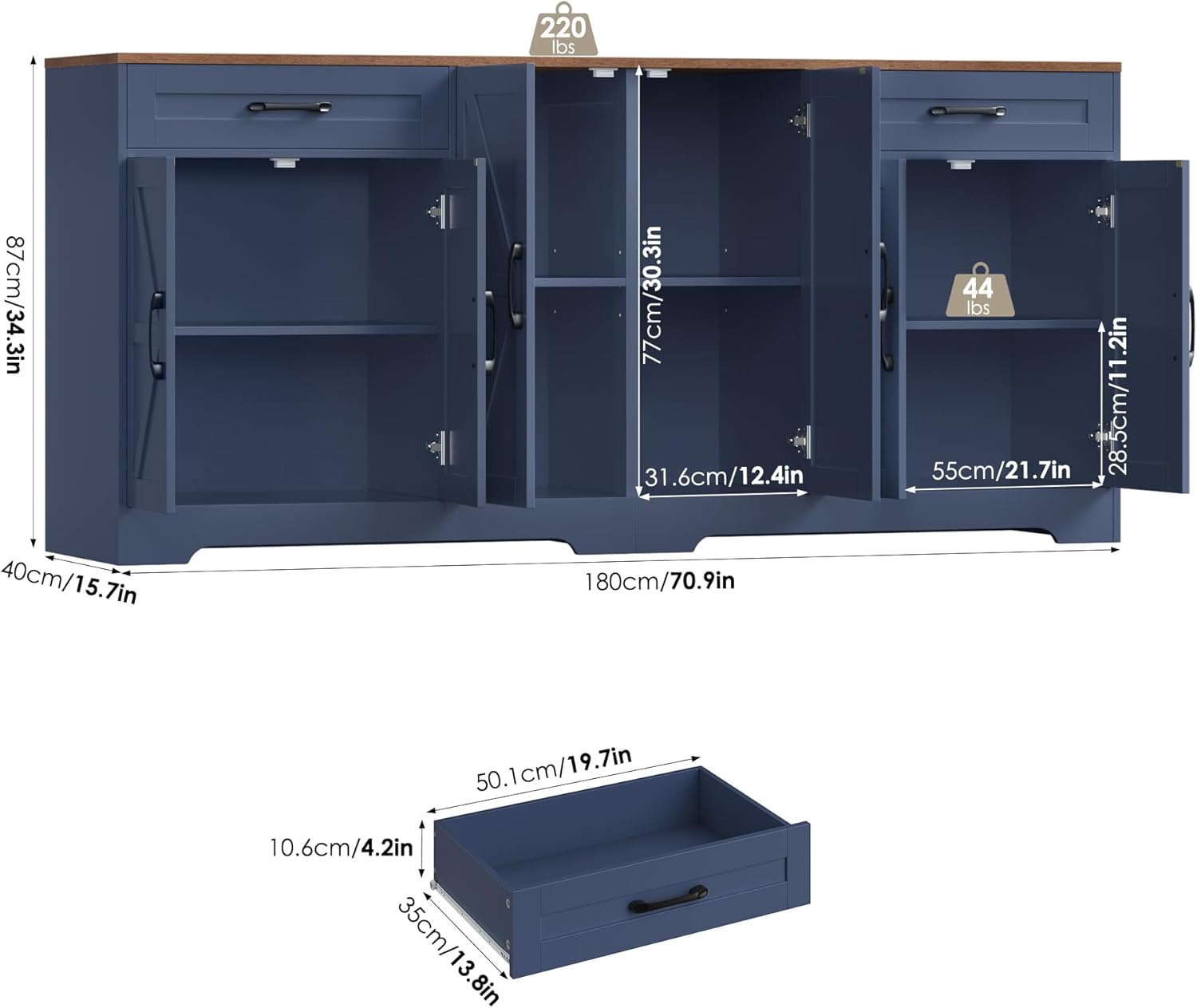 71” Large Sideboard Buffet Cabinet with Storage, Farmhouse Kitchen Buffet Cabinet with Adjustable Shelves and 6 Barn Doors, Wood Coffee Wine Bar Console Table for Kitchen, Dining Room, Navy Blue