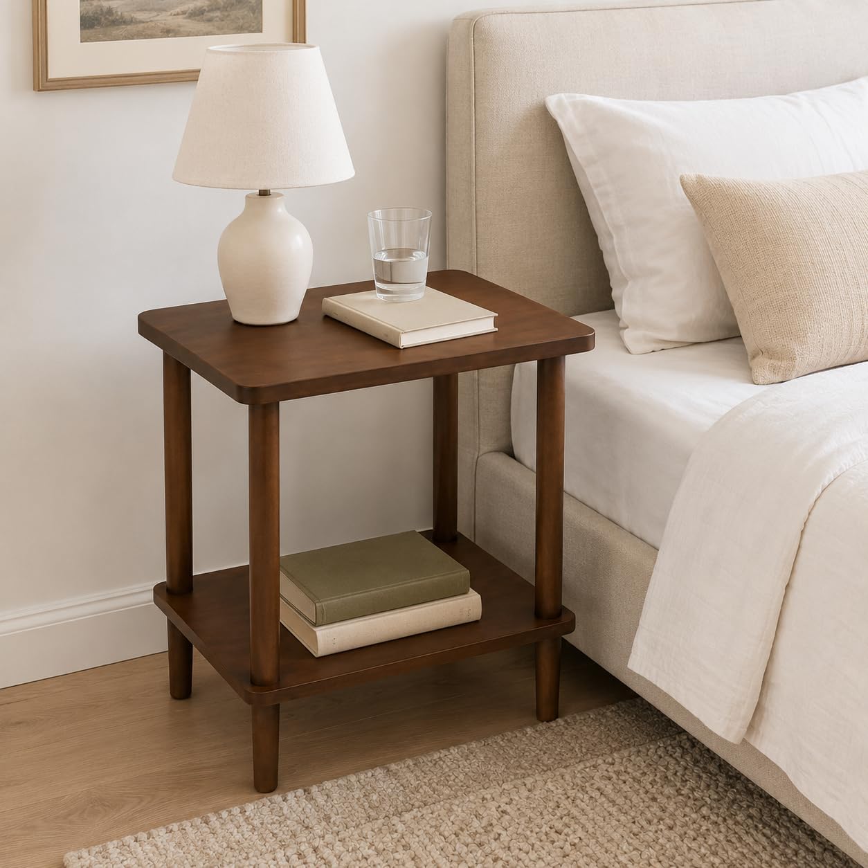 Solid Wood End Table, 2-Tier Side Table with Storage Shelf, Rubber Wood Nightstand for Living Room and Bedroom, Walnut Brown