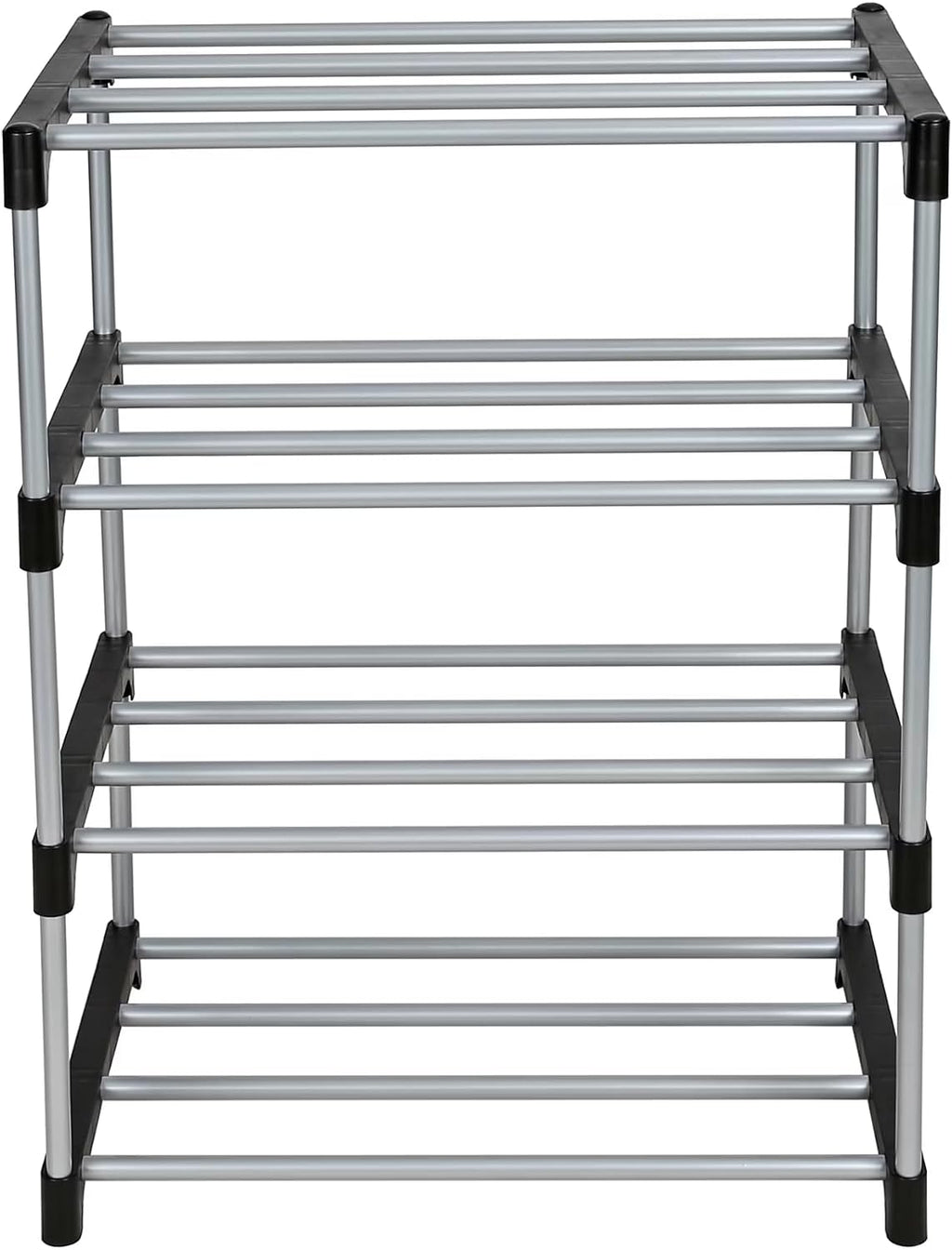 4-Tier Shoe Rack, Black and Silver, Holds 8 Pairs of Shoes, Metal Tubes & Plastic Connectors