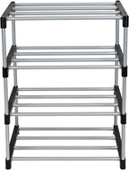4-Tier Shoe Rack, Black and Silver, Holds 8 Pairs of Shoes, Metal Tubes & Plastic Connectors