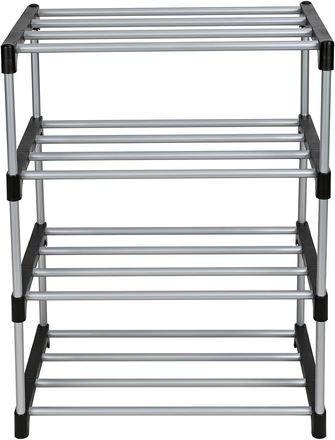 4-Tier Shoe Rack, Black and Silver, Holds 8 Pairs of Shoes, Metal Tubes & Plastic Connectors
