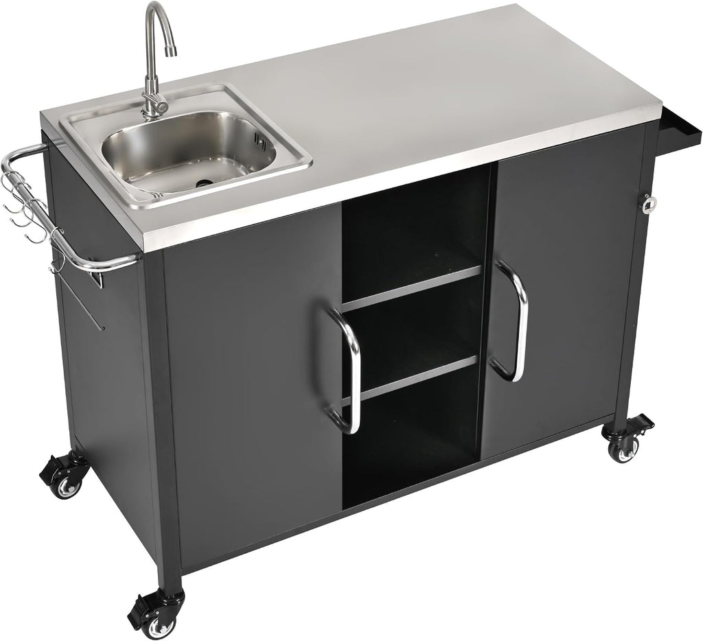JIJIWANG 55.5" Outdoor Kitchen Island with Stainless Steel Sink, Outdoor Bar Cart Sink Station with 4 Lockable Wheel for Pizza Prep & BBQ Black