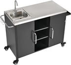 JIJIWANG 55.5" Outdoor Kitchen Island with Stainless Steel Sink, Outdoor Bar Cart Sink Station with 4 Lockable Wheel for Pizza Prep & BBQ Black