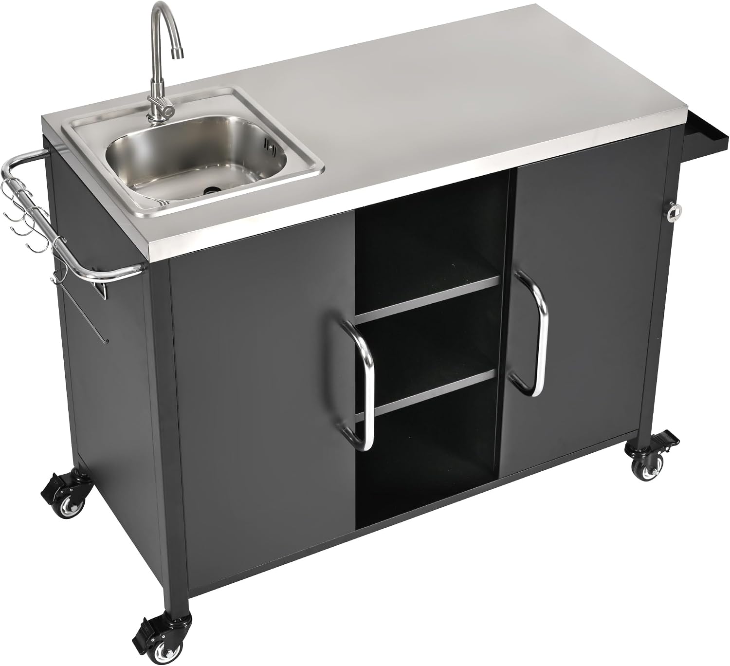 JIJIWANG 55.5" Outdoor Kitchen Island with Stainless Steel Sink, Outdoor Bar Cart Sink Station with 4 Lockable Wheel for Pizza Prep & BBQ Black