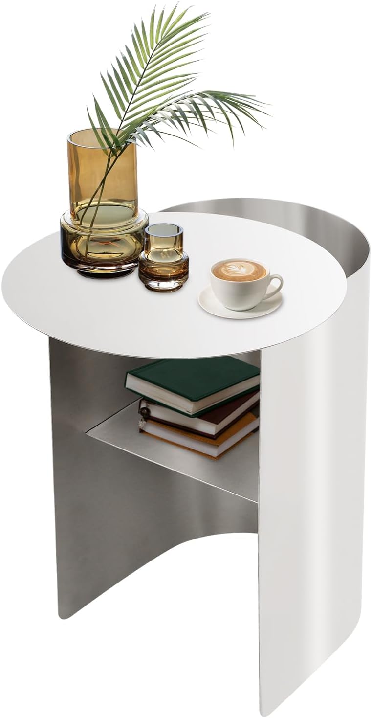 Bedside Table Small Nightstand, Compact Stainless Steel Side Table, Space Saving End Table for Living Room, Bedroom, Office,Apartment (Round Shape)