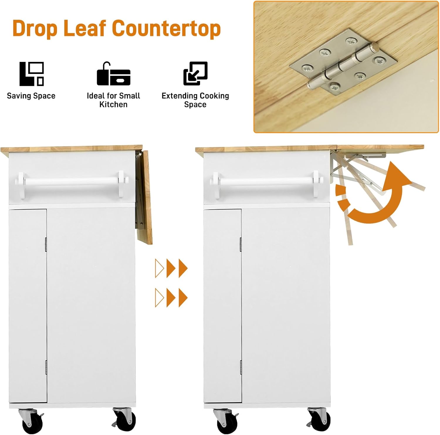 Squireewo 55" Kitchen Cart with Wood Top and Drop Leaf Breakfast Bar, Rolling Mobile Kitchen Island Table on Wheels with Drawer and Storage Cabinet, Spice Rack, Towel Rack, White