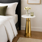 Gold Side Table with White Marble Top | Decorative Modern End Table | Pedestal Metal Base | Accent Table for Living Room | 14x14x24