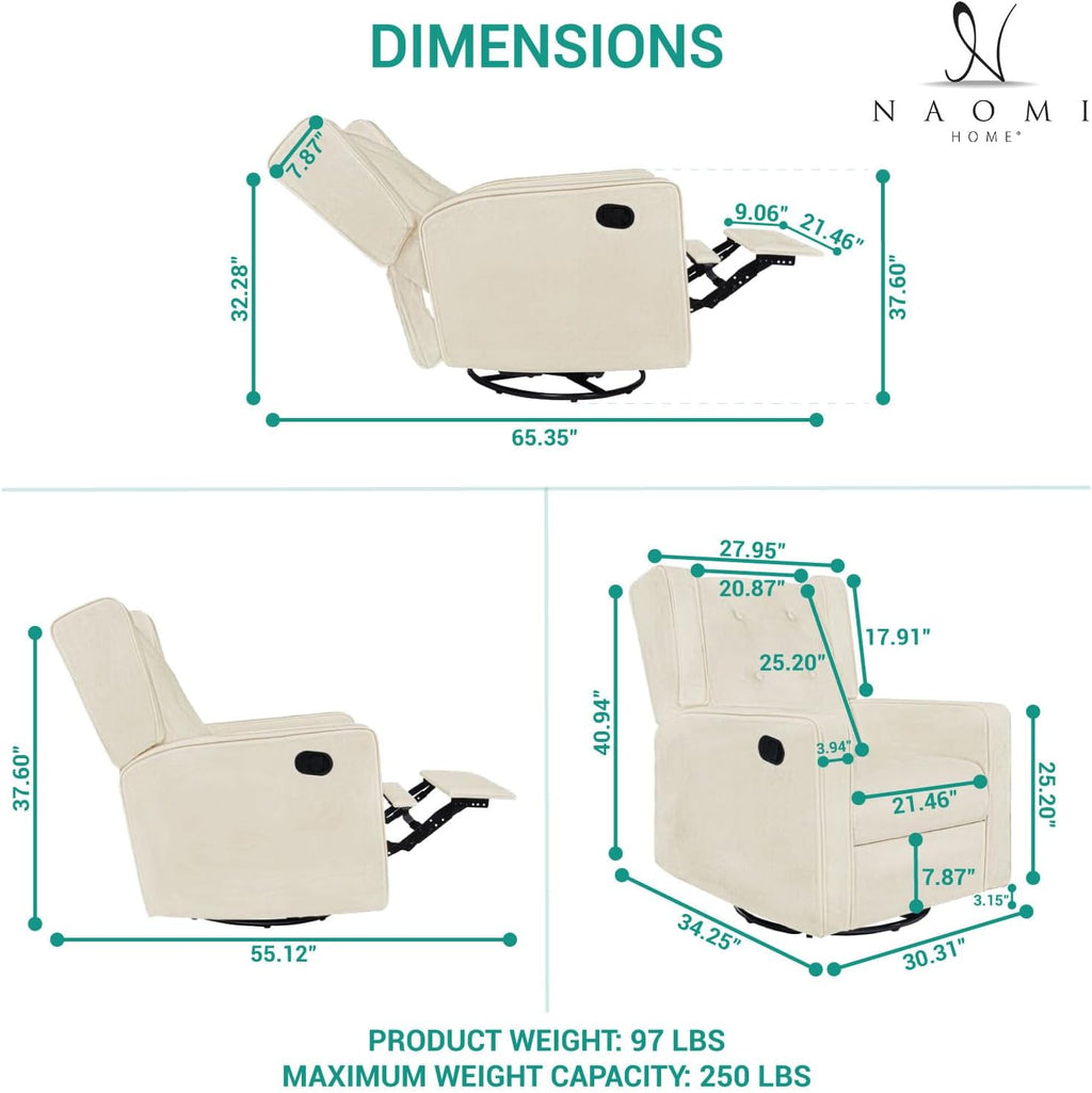 Naomi Home Swivel Rocker Recliner Chair for Adults and Elders, Comfortable Living Room Recliner with 360° Swivel, Manual Reclining with Adjustable Footrest, Ergonomic Back Support