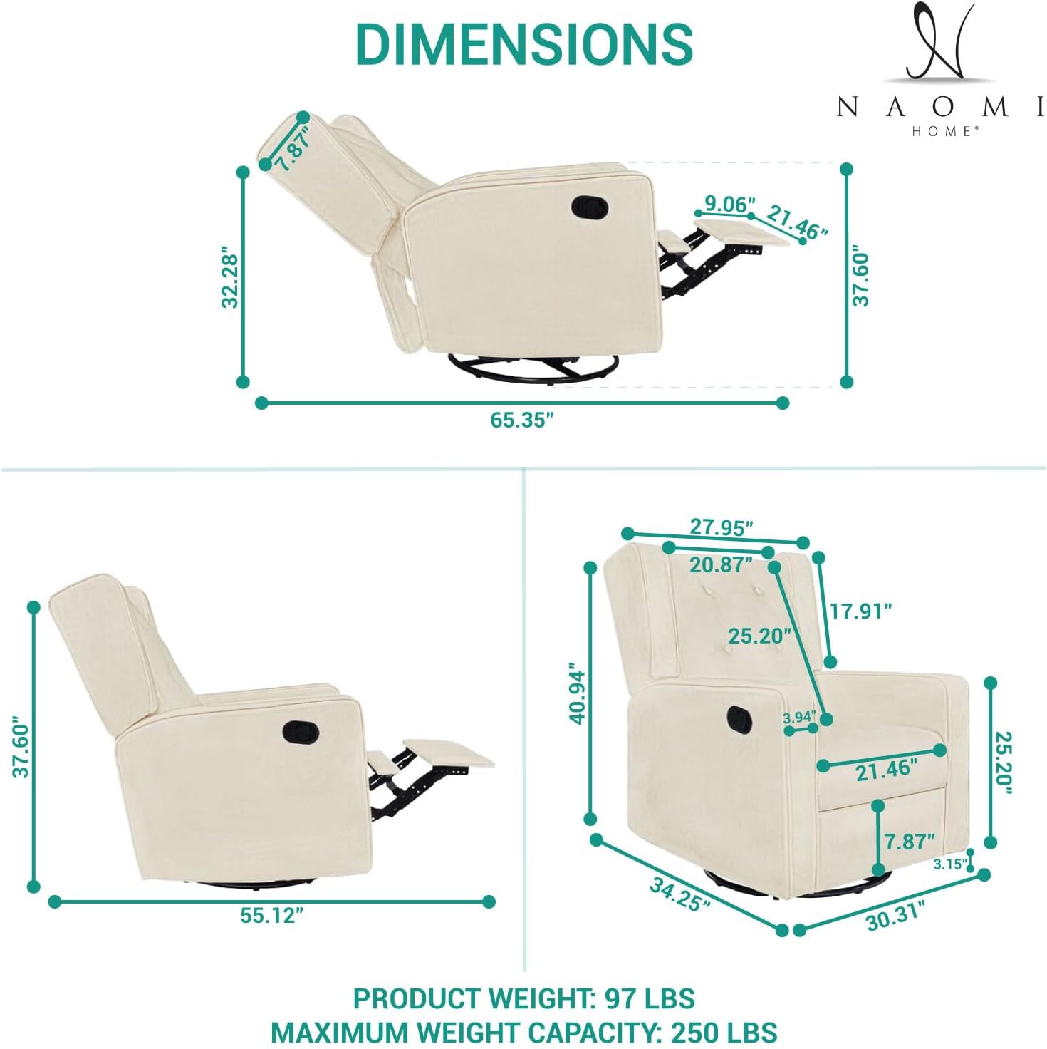 Naomi Home Swivel Rocker Recliner Chair for Adults and Elders, Comfortable Living Room Recliner with 360° Swivel, Manual Reclining with Adjustable Footrest, Ergonomic Back Support