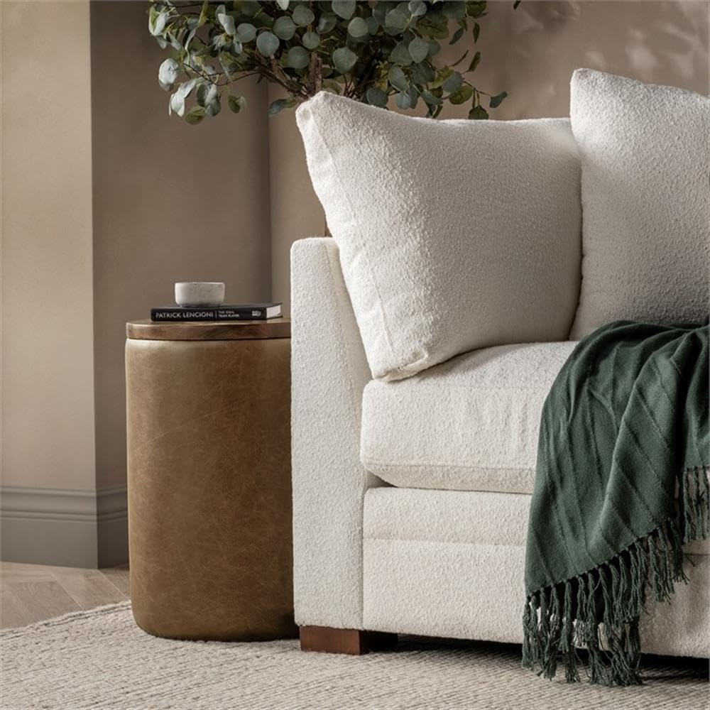 Pemberly Row Mango Wood Leather Wrap Accent End Table, Chestnut Finish, 16Wx16Dx24H, Rustic Grain Patterns, Genuine Leather Base, Round Tabletop, Elegant Modern or Rustic Living Room Furniture